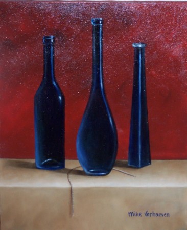 Blauwe Flessen 40x50 "Te Koop" 50 euro Blauwe Flessen 40x50 "Te Koop" 50 euro